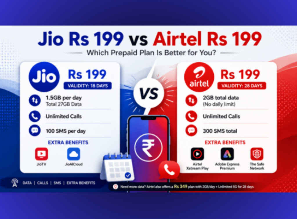 Jio 199 vs Airtel 199 Recharge plan Which Prepaid Plan offers Best under Rs 200