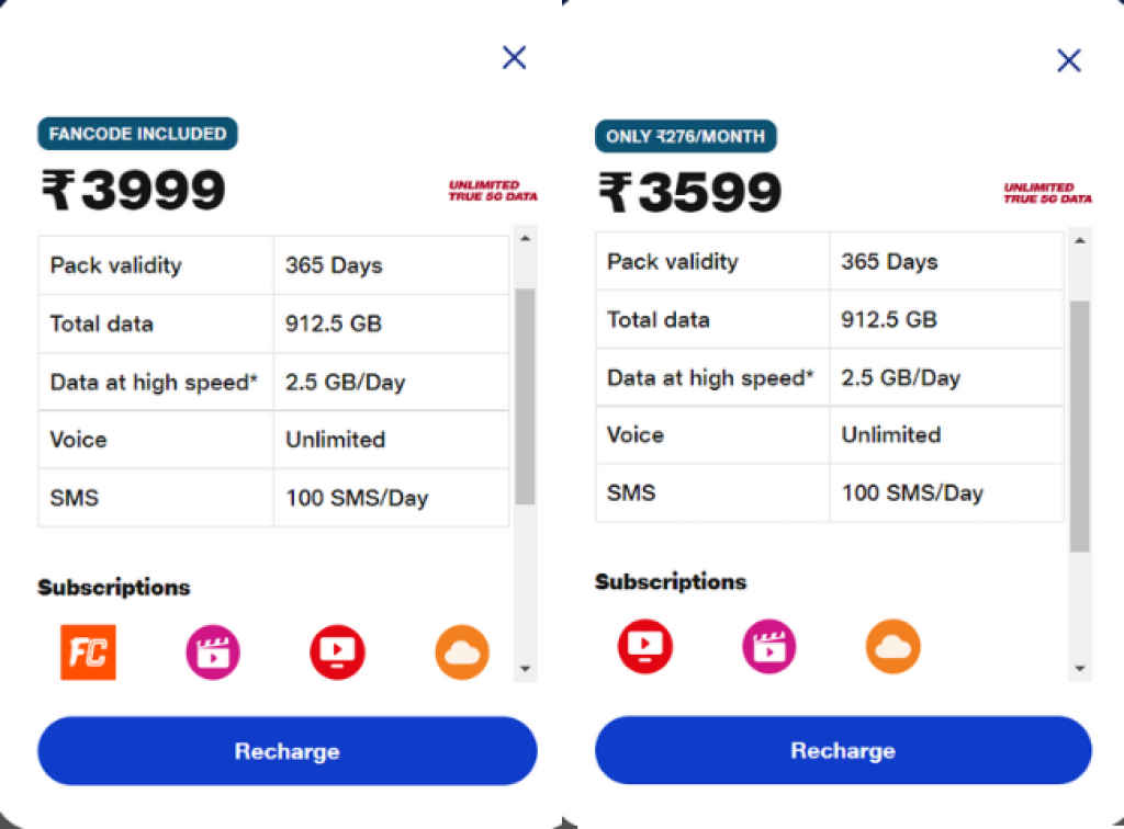 Jio 2.5GB daily data plans