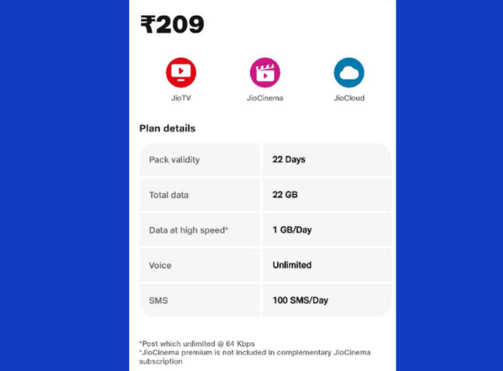 Jio 209 recharge plan 