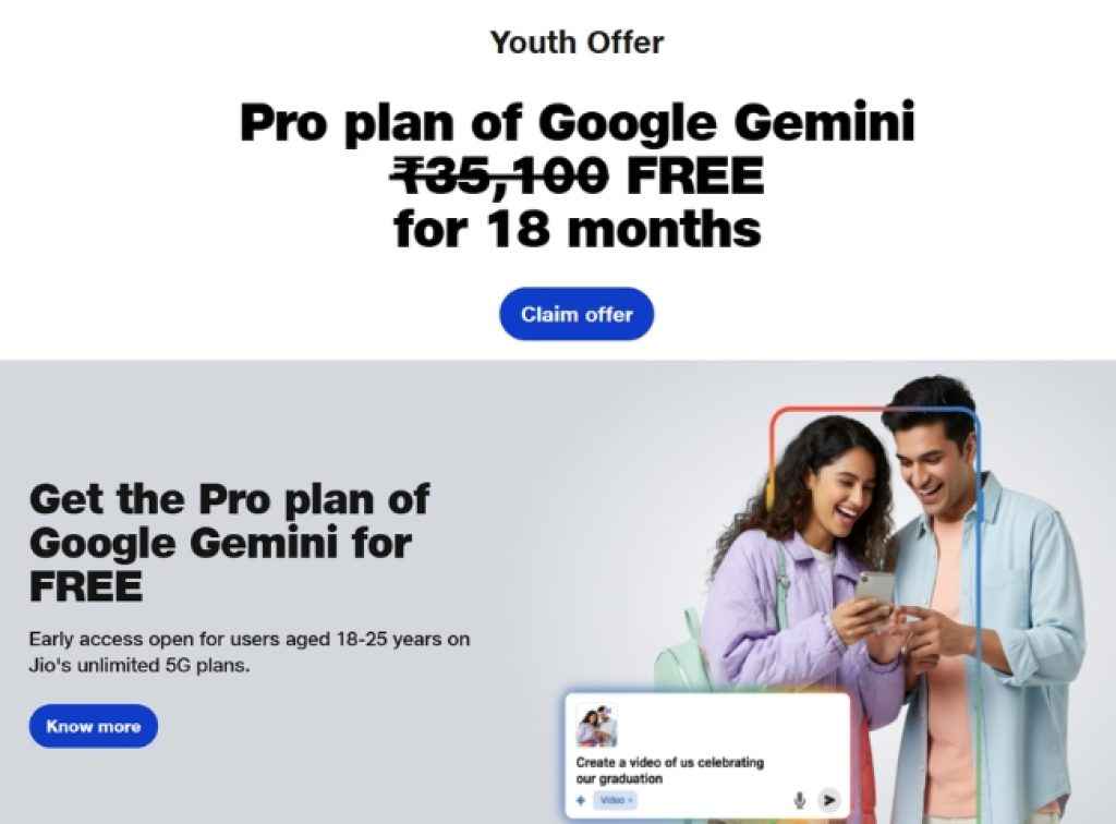 Jio Google Gemini Pro Offer