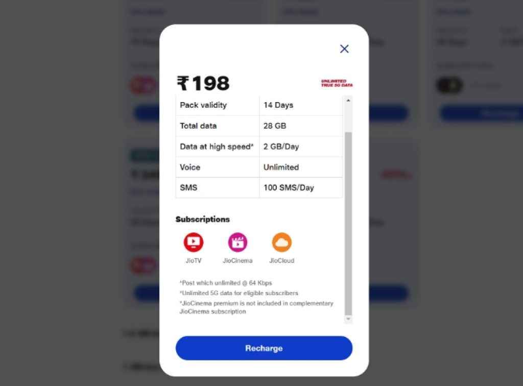 Jio New Plan Rs. 198 Prepaid Plan