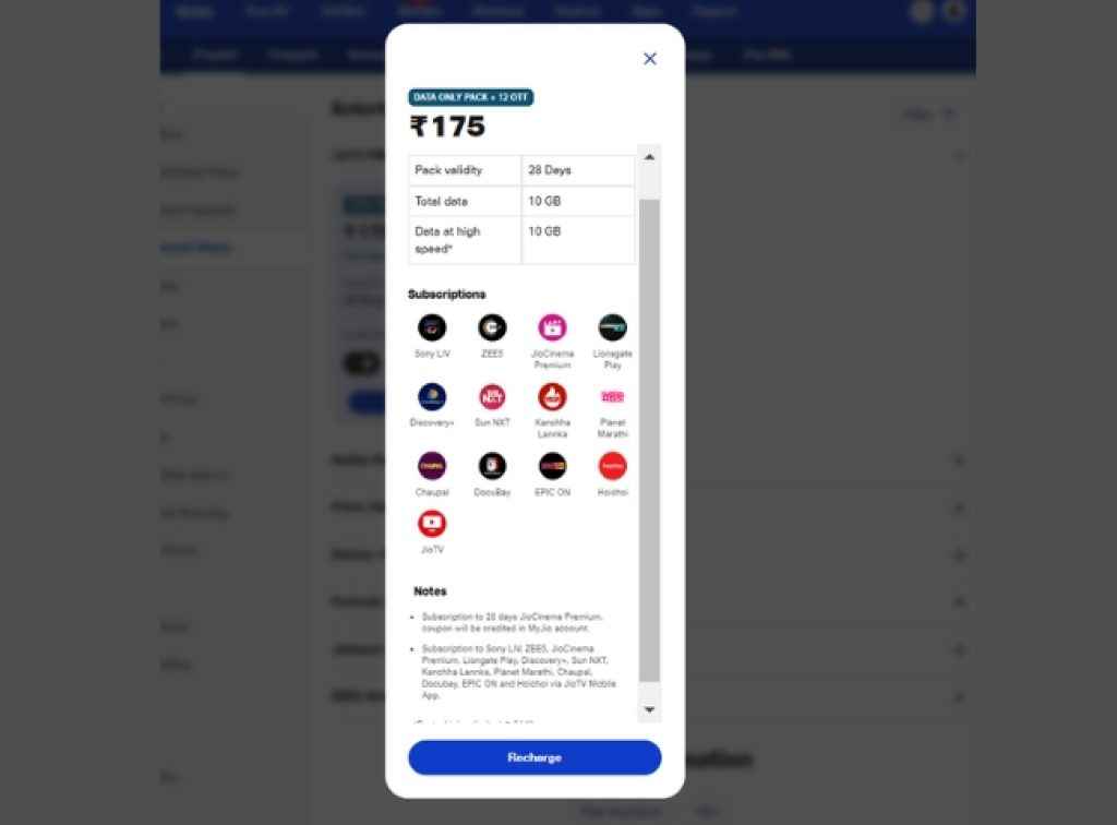 Jio 175 recharge plan