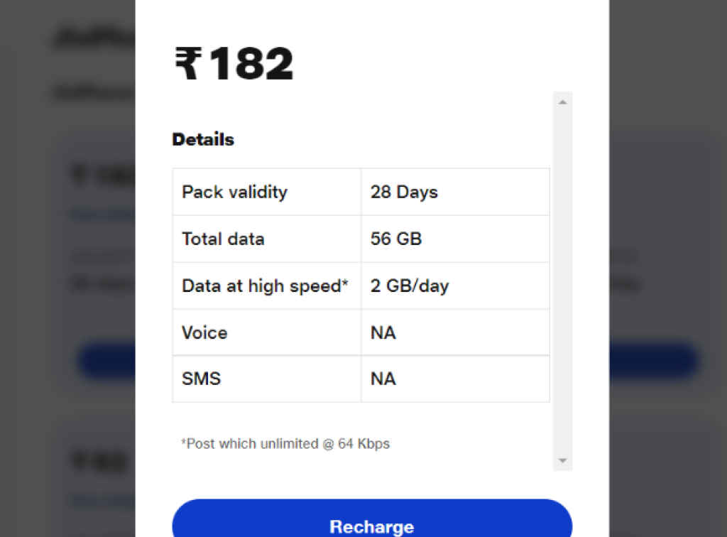 Jio Rs 182 data plan