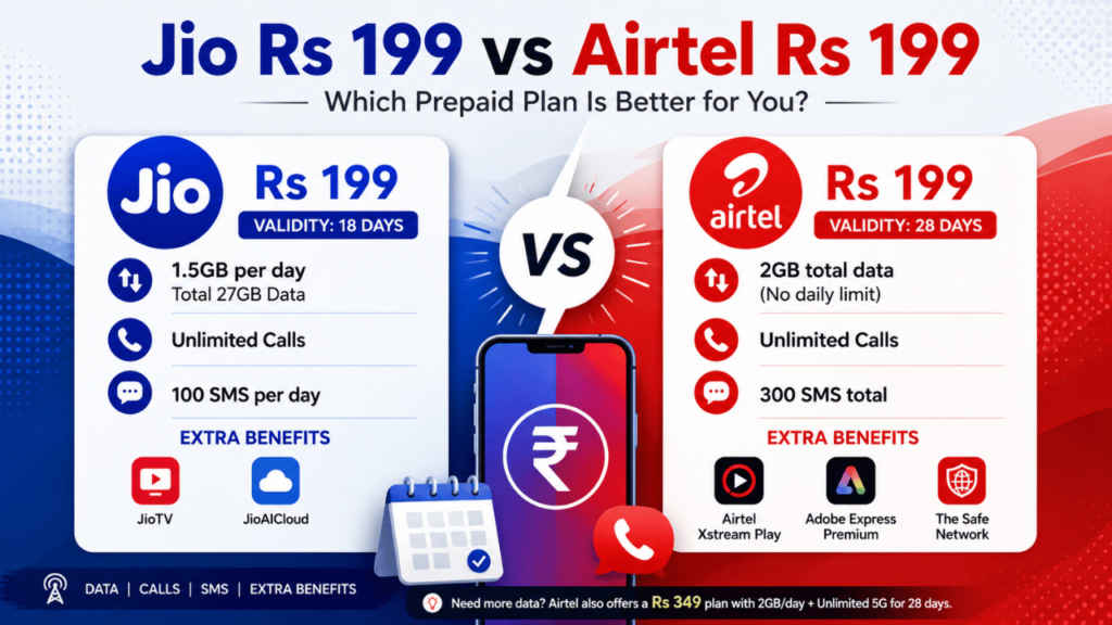 Jio Rs 199 vs Airtel Rs 199 prepaid plan