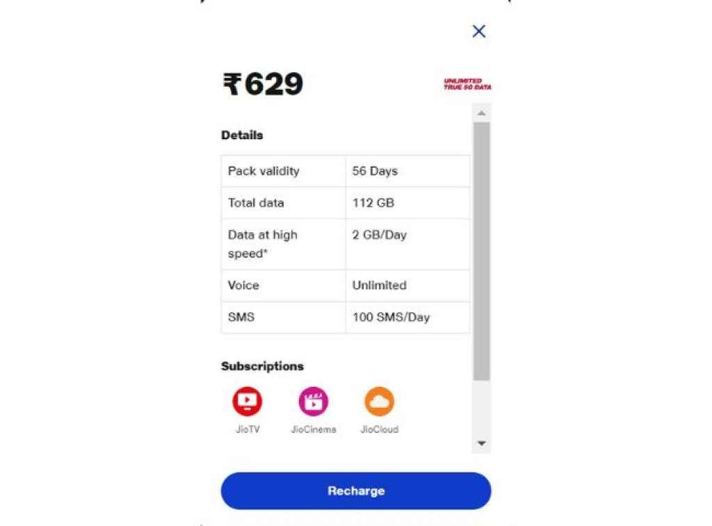 Jio Rs 629 Prepaid Plan