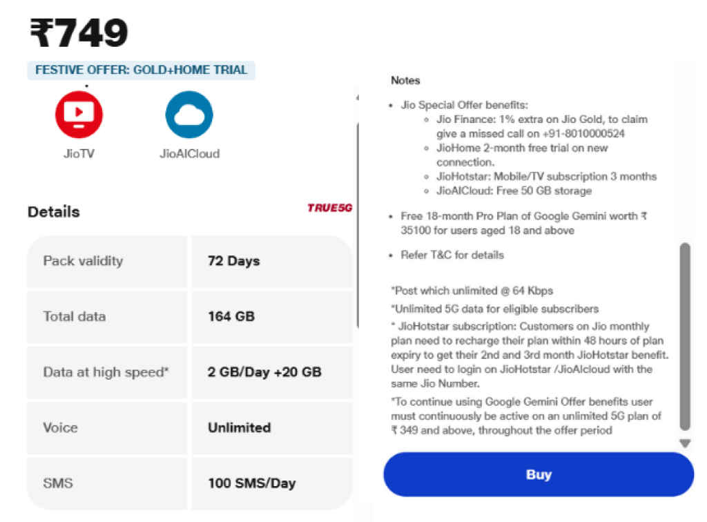Reliance Jio Rs. 749 Recharge Plan