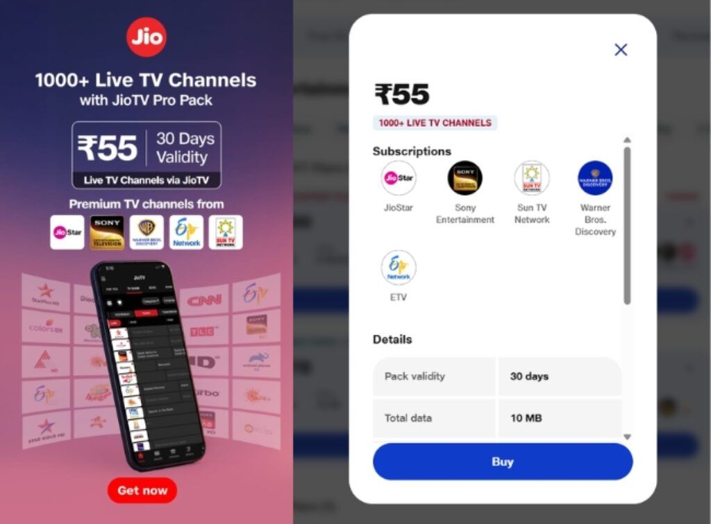 Jio Tv Pro Pack benefits
