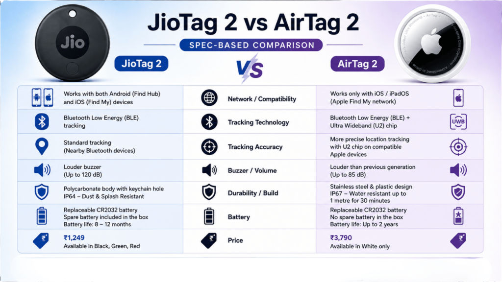 JioTag 2 vs Apple AirTag 2 specs