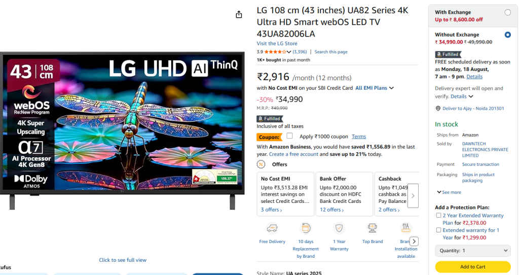 LG 43-inch Smart TV Amazon Sale offer in Kannada