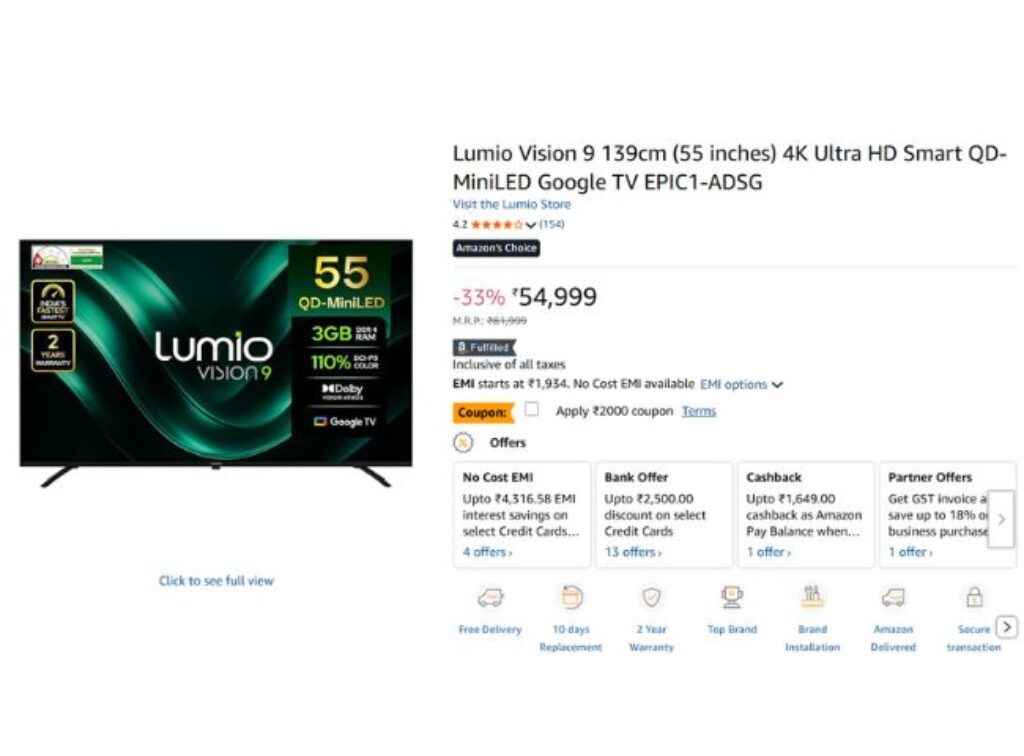 Lumio Vision 9 55-inch 4K Ultra HD Smart QD-MiniLED Google TV