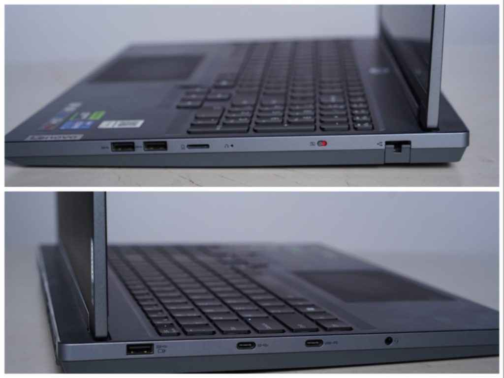 Lenovo Legion 5i Review: Laptop I/O Ports Showcasing USB TYPE A USB TYPE C SD CARD SLOT ETHERNET PORT 3.5MM AUDIO JACK SLOT
