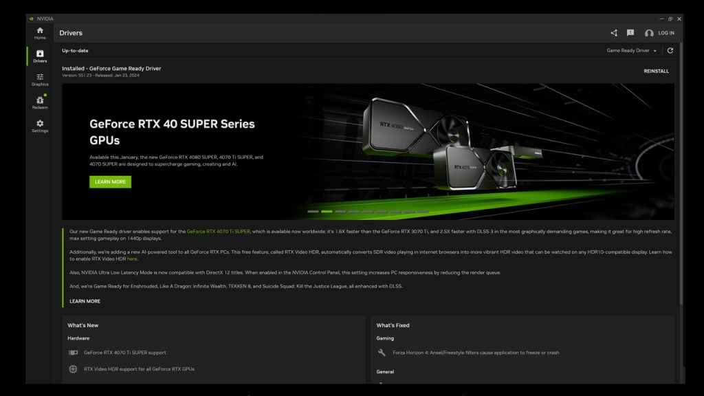 NVIDIA App Driver downloads panel