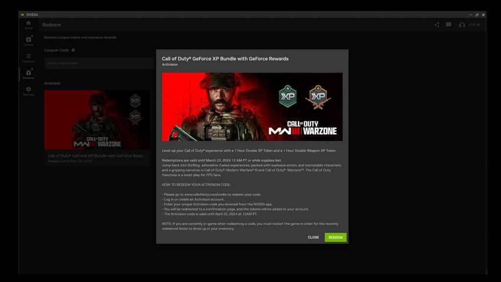 NVIDIA App Rewards redemption page