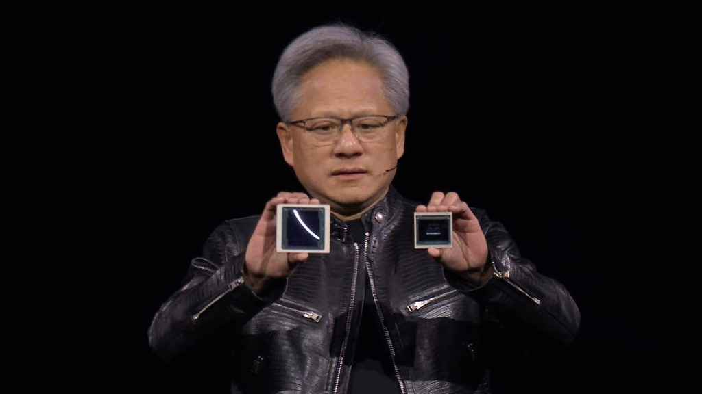 NVIDIA Blackwell B200 GPU in the hands of Jensen Huang CEO of NVIDIA