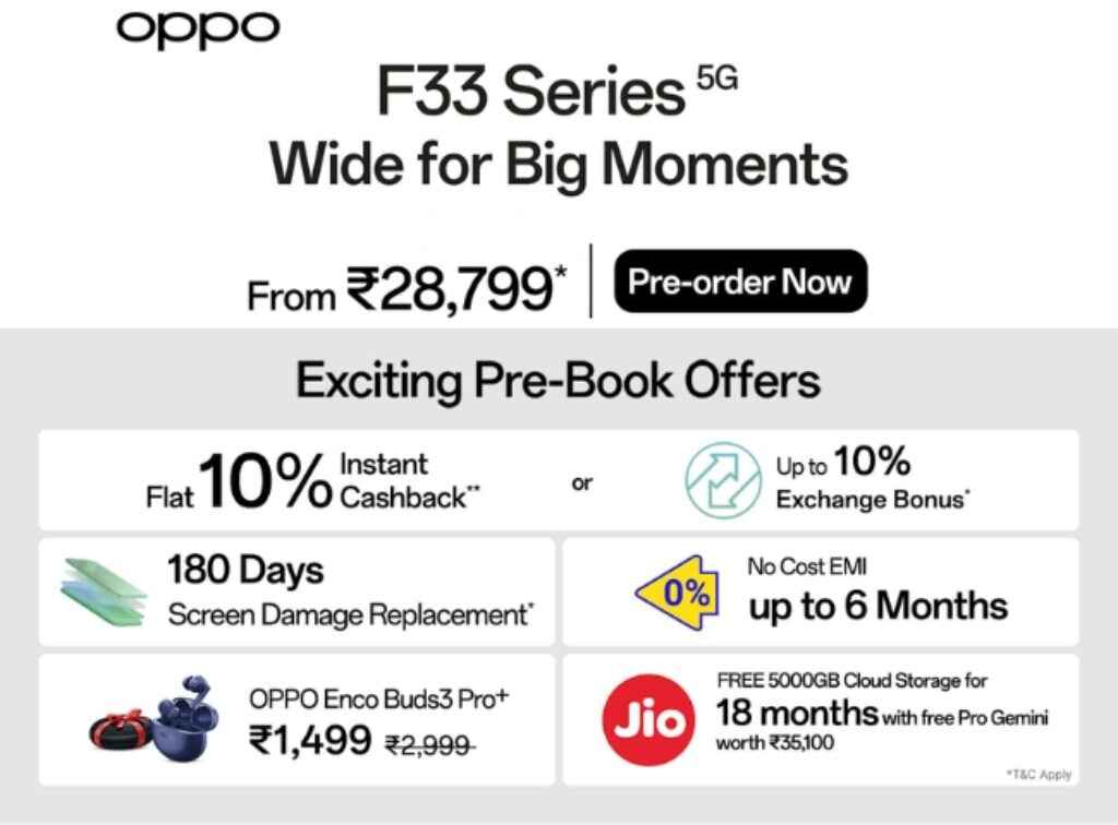 Oppo F33 5G and F33 Pro 5G price and offers