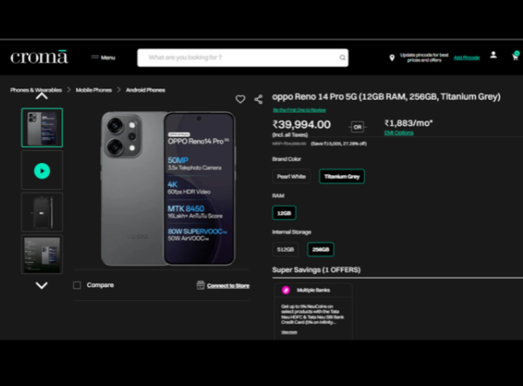 Oppo Reno 14 Pro 5G Price Discount Offer on Croma
