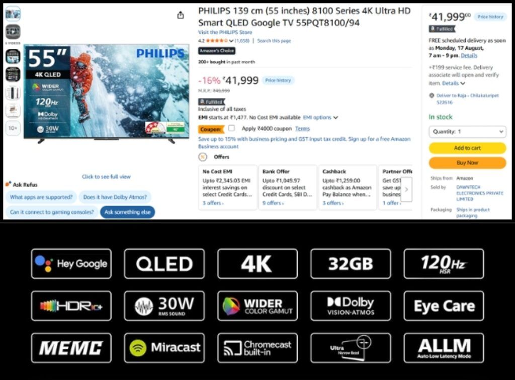 PHILIPS 55 QLED Smart Tv Deal on amazon