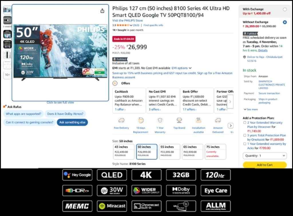 Philips (50) QLED Smart Tv Deal om amazon