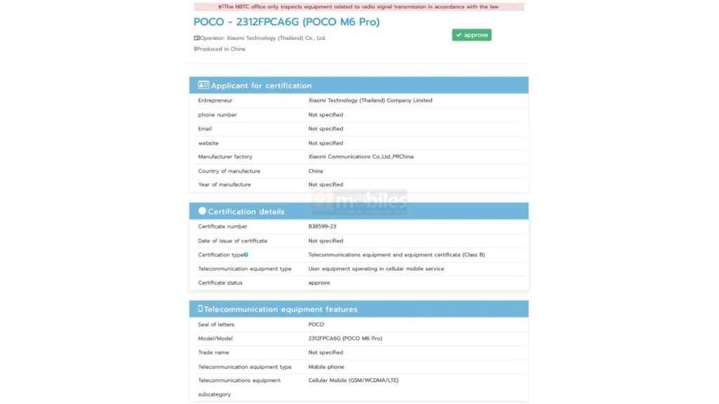 Poco M6 Pro 4G appears on NBTC certification, global launch expected soon
