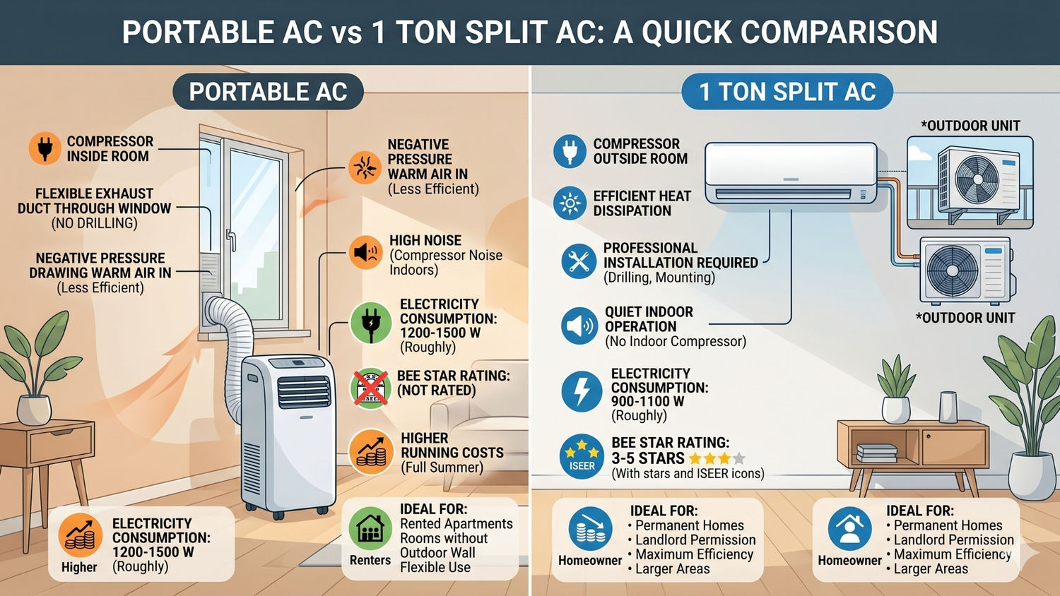 Portable AC vs 1 ton split AC: What to know before you buy