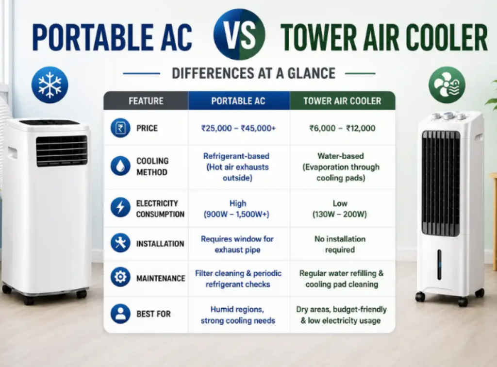 Portable AC vs tower air cooler Price cooling performance energy consumption