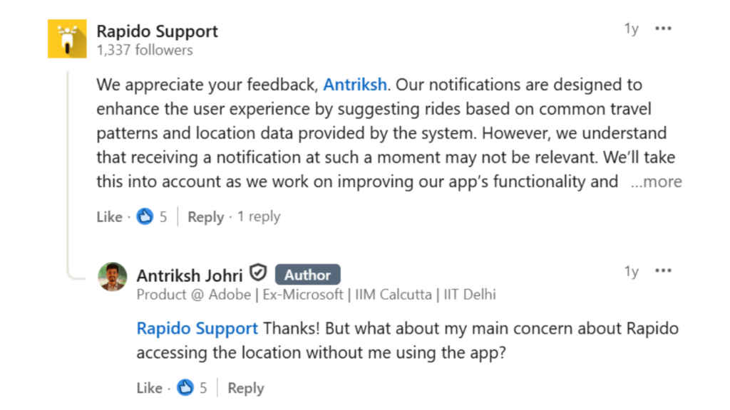 Post response by Rapido