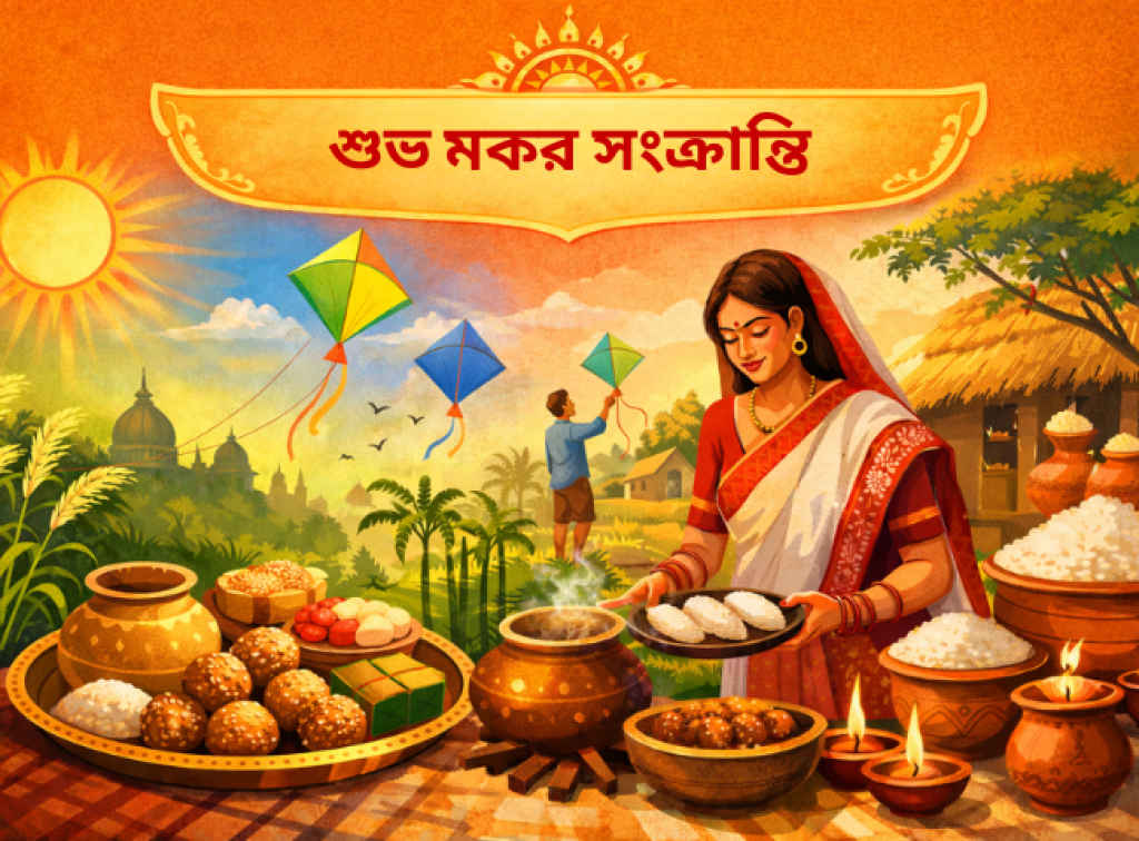 Poush Sankranti 2026 or Makar Sankranti 2026 wishes Bangla WhatsApp status facebook message greetings quote and image