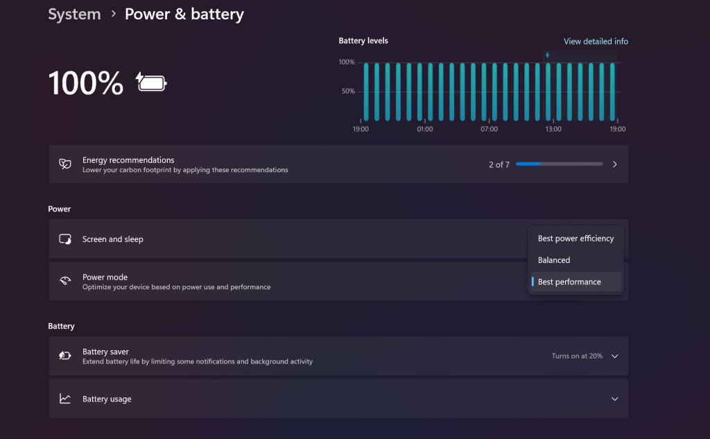 High-End Laptop Power and Battery Settings in Windows
