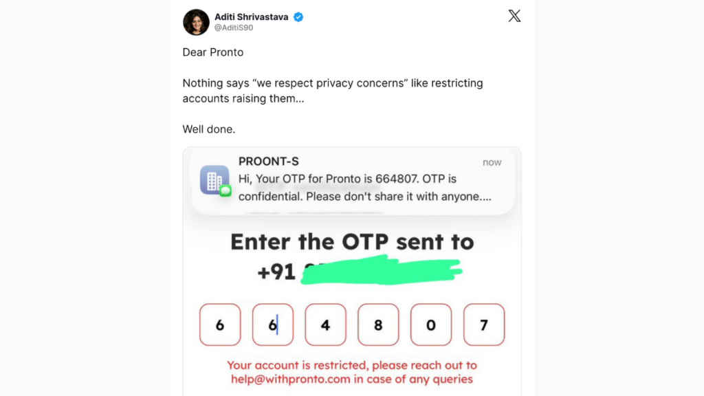 Pronto account banned after calling out the company on Social Media