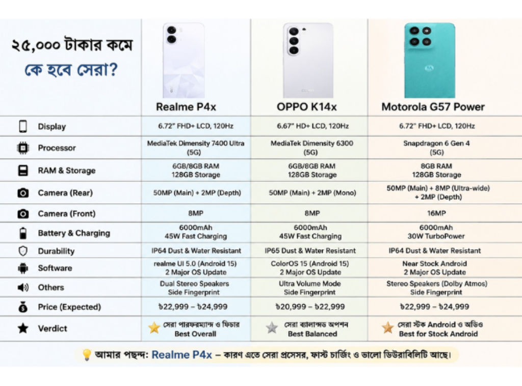 Realme P4x Vs OPPO K14x Vs Motorola G57 Power price