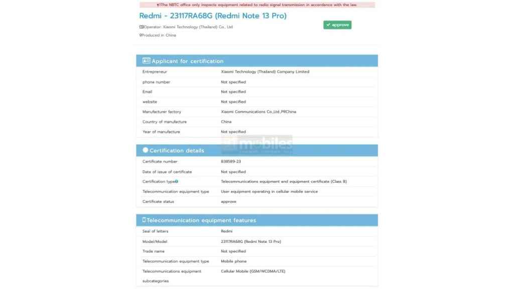 Redmi Note 13 Pro appears on NBTC certification