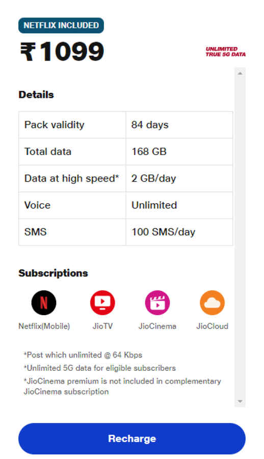 Reliance Jio Rs 1099 Plan