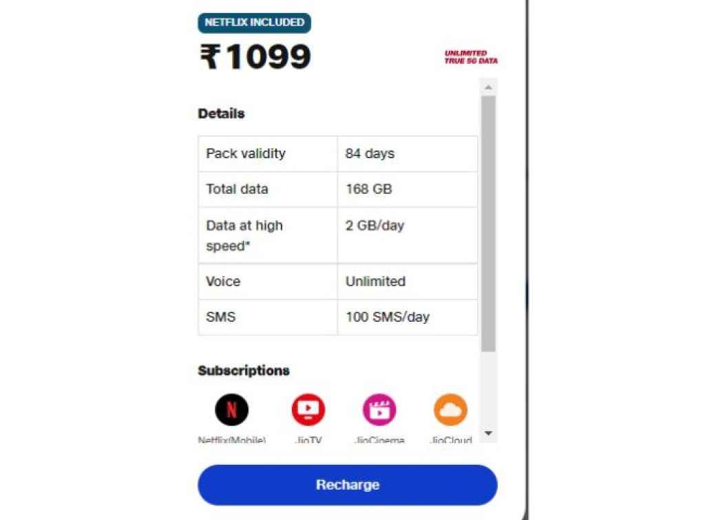 Reliance Jio Rs 1099 Plan