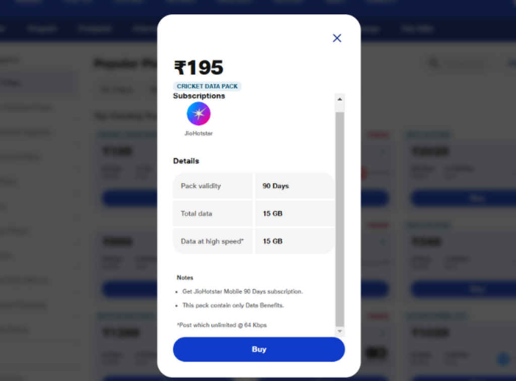 Jio 195 rs data recharge plan with JioHotstar free subscription
