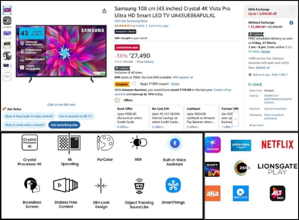 Samsung 43 inch 4K Smart Tv offer on amazon