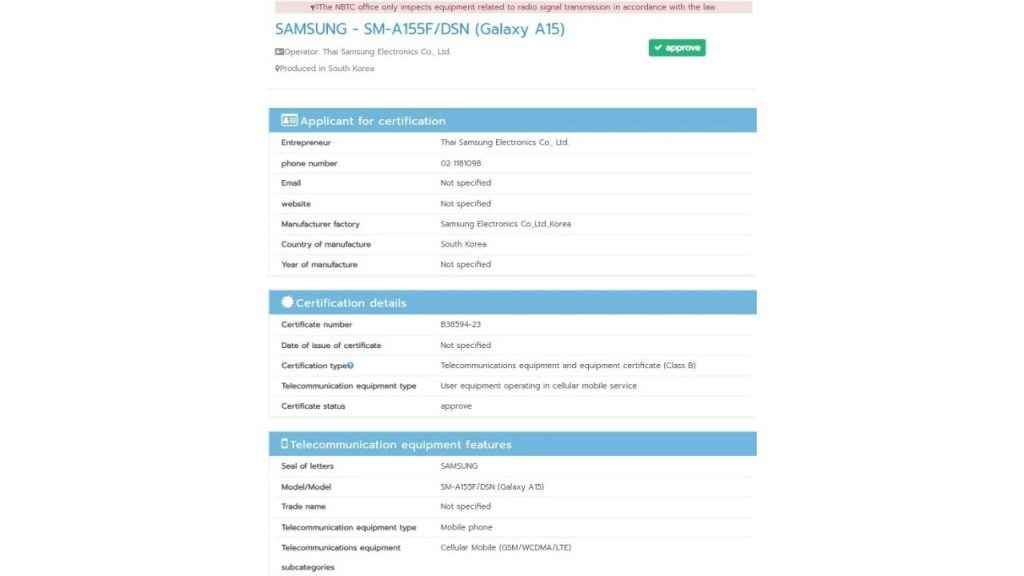 Samsung Galaxy A15 4G spotted on NBTC