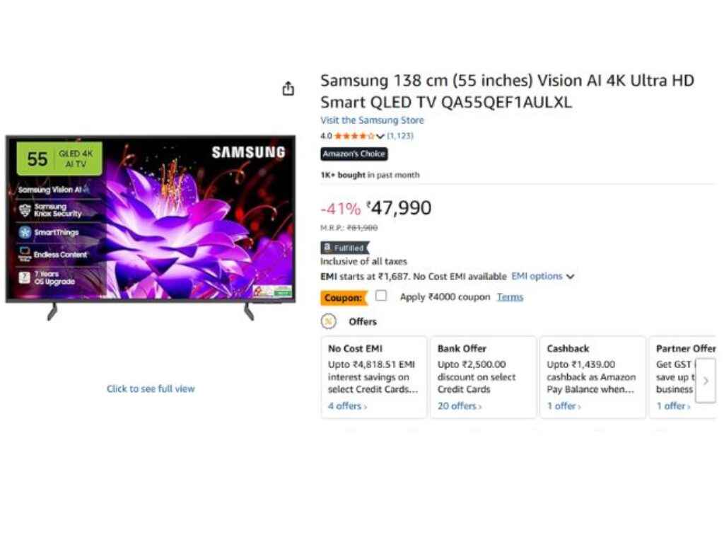 Samsung 55-inch vision AI 4K Ultra HD Smart QLED TV