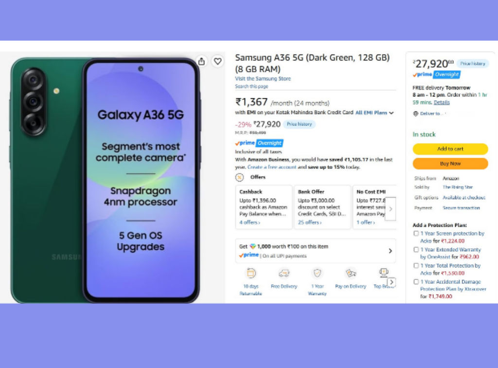 Samsung galaxy A36 5g Phone gets Price drop under 30000 on Amazon Deal