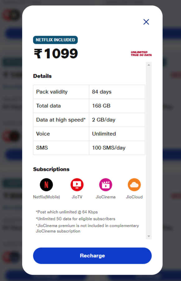 reliance jio 1099 recharge plan with netflix