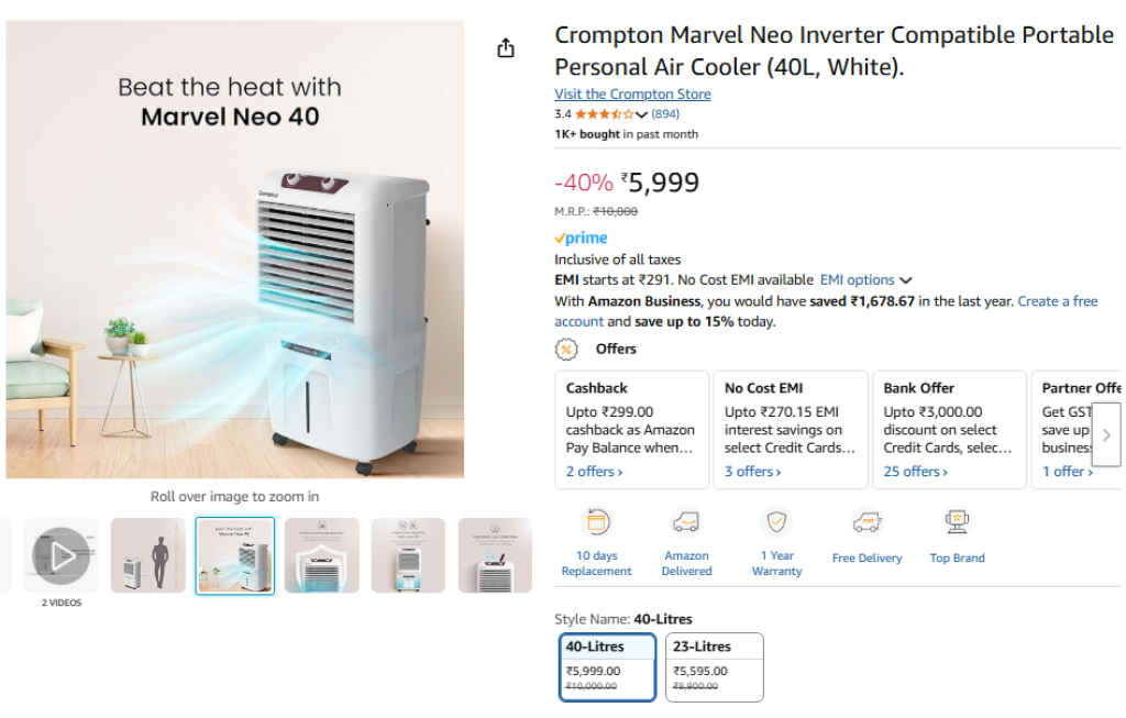 Crompton Marvel Neo Inverter Portable Best Budget Air Cooler