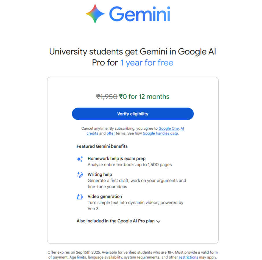 Gemini 2.5 Pro Free for 1 Year