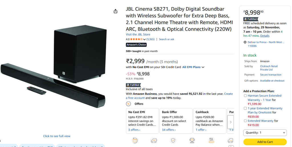 JBL Cinema SB271 Dolby Digital with Wireless Subwoofer