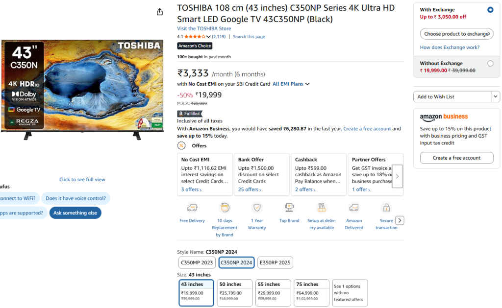 TOSHIBA 43 inches C350NP Series 4K Ultra Google Smart TV