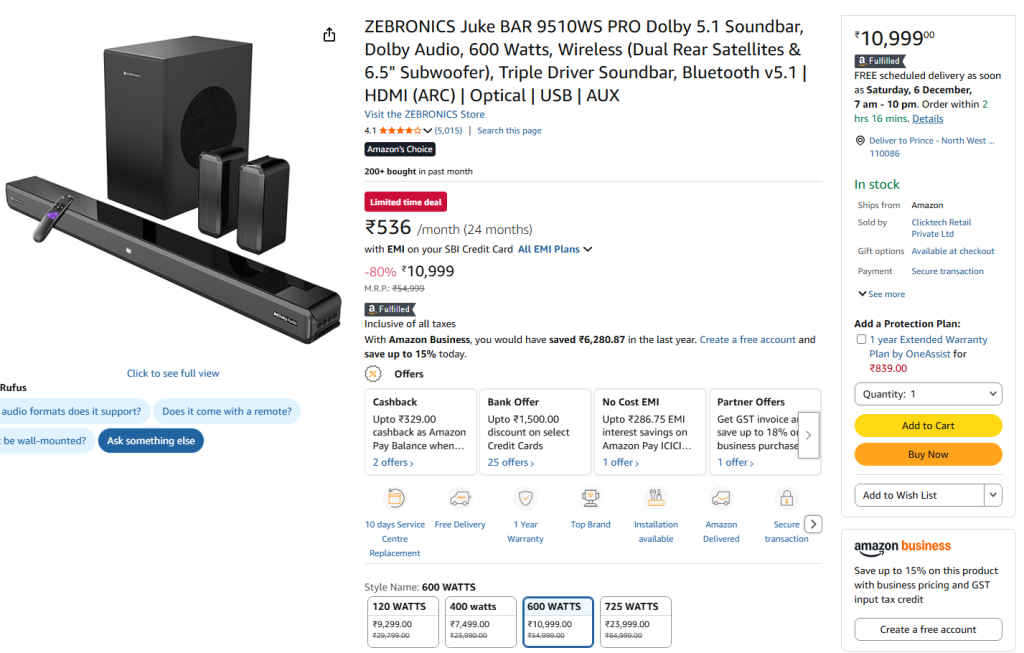 ZEBRONICS Juke BAR 9510WS PRO 5.1CH Dolby Audio