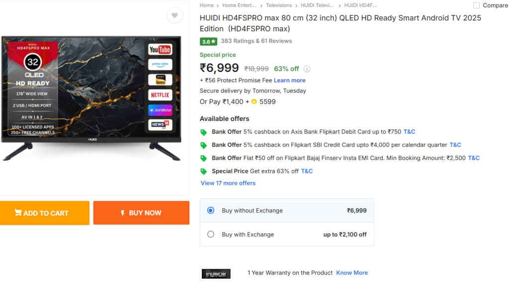 HUIDI HD4FSPRO Max 32 inch QLED HD Android Smart TV