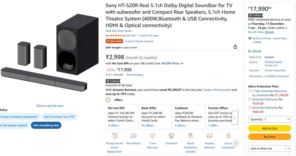 Sony HT-S20R Real 5.1ch Dolby Digital Soundbar