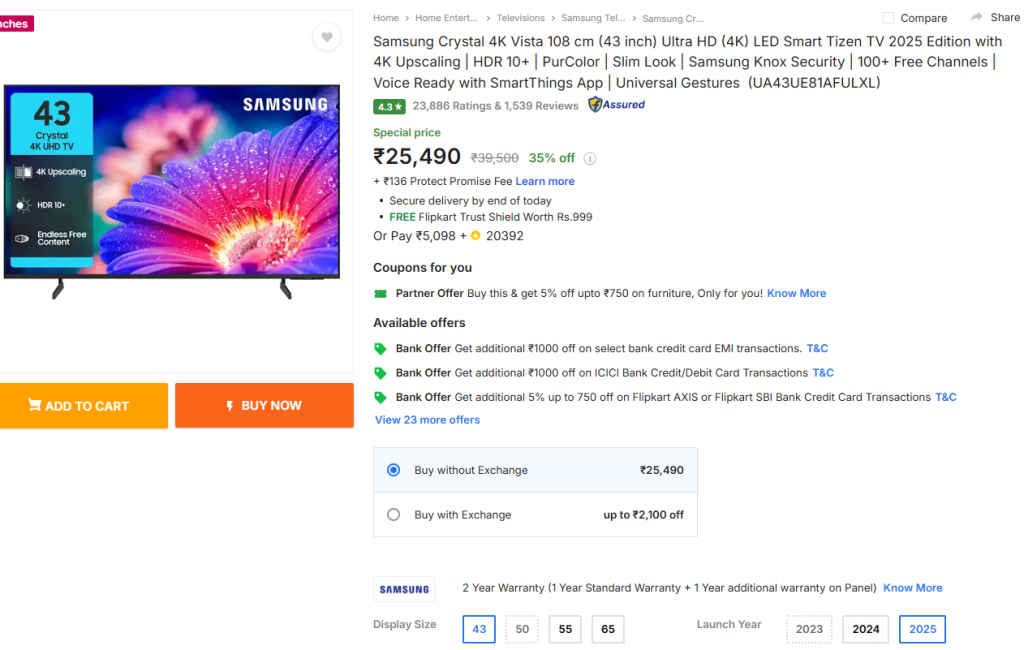 Samsung Crystal 4K Vista 43 inch Ultra HD 4K Smart TV