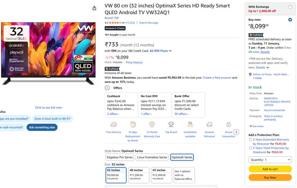 32 Inch QLED Smart Tv on Amazon-
