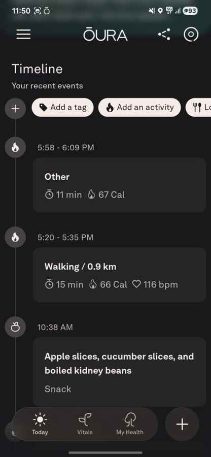 Oura app timeline
