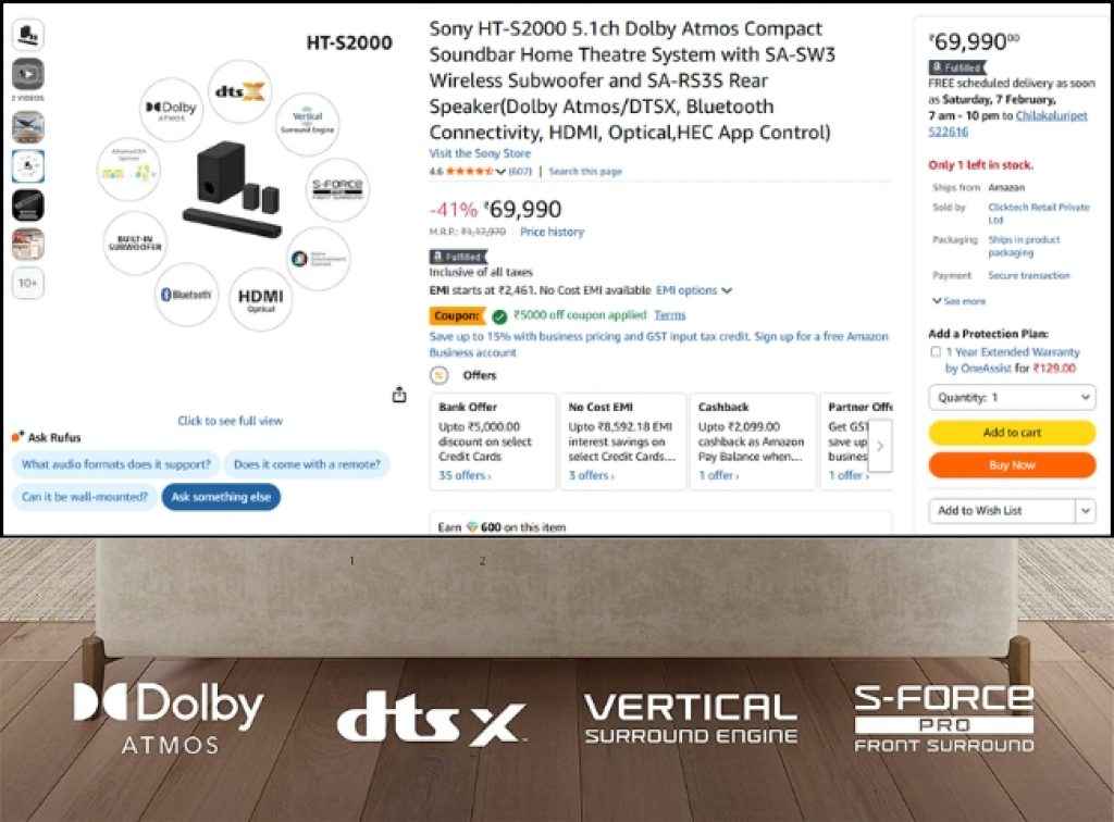 Sony 5.1 Dolby Atmos Soundbar offer on amazon  
